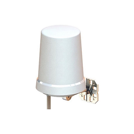 Weiße Antenne mit zylindrischem Oberteil, an Metallhalterung befestigt.