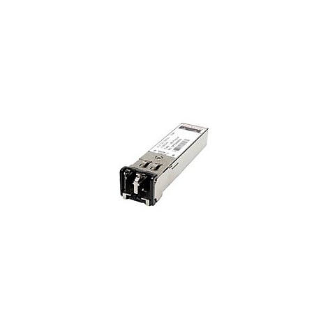 Metallfarbener SFP-Transceiver mit grauer Beschriftung, Steckeranschluss und Klappbügel.