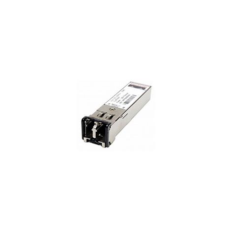 Metallfarbener SFP-Transceiver mit weißem Etikett und Text.