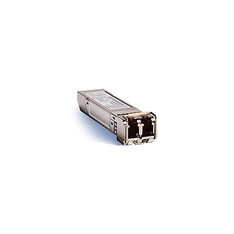 Ein silberner Cisco SFP Transceiver. Mit Produktbeschriftung und metallisch glänzender Oberfläche.