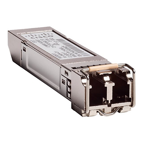 Ein silberfarbener Cisco-Transceiver. Er hat eine rechteckige Form mit einer Beschriftung und einem silbernen Bügel an der Vorderseite.