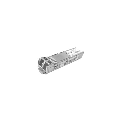 Ein graues SFP-Modul mit Metallgehäuse. Es hat einen rechteckigen Körper mit einer quadratischen Front und einem Metallbügel.