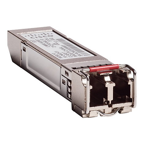 Ein silberner Cisco-Transceiver mit rotem Hebel. Aufschrift: Cisco, 10-3403-01.