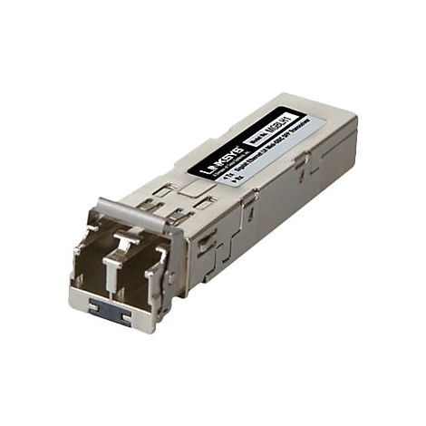 Ein silberner Linksys SFP-Transceiver. Modell MGBH1.