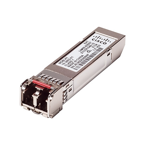 Ein silbernes Cisco-Modul mit Aufschriften. Auf der Vorderseite ein roter Bügel.