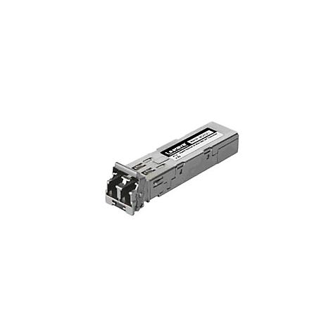 Ein silbernes Netzwerkmodul mit Beschriftung, Stecker links.
