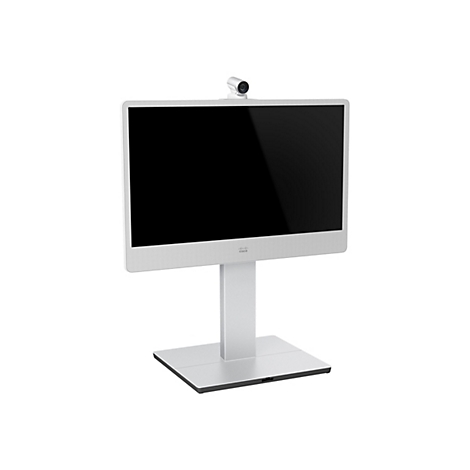 Ein grauer Videokonferenz-Bildschirm auf einem Sockel, mit einer Kamera oben.