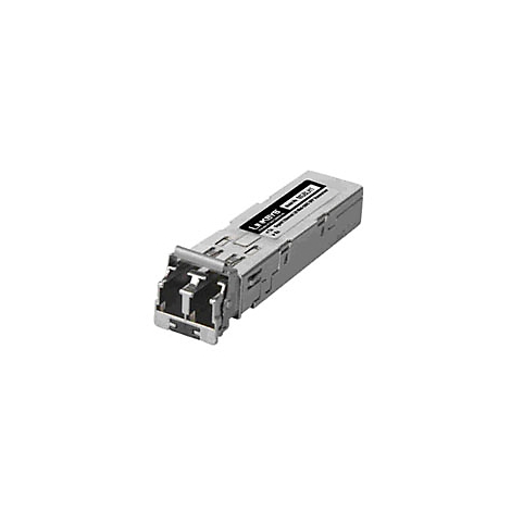 Un module émetteur-récepteur SFP gris avec l'inscription 'Linksys'.