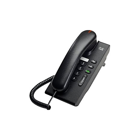 Téléphone de bureau noir avec combiné, boutons et logo Cisco.