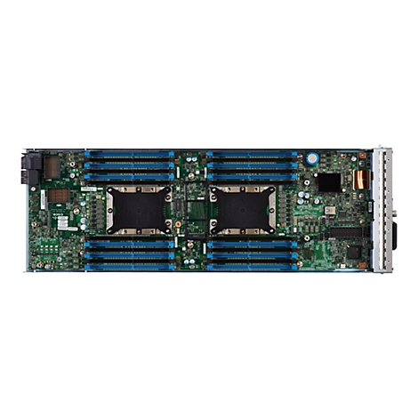 Nahaufnahme einer grünen Computerplatine mit blauen und schwarzen Steckplätzen, Chips und Kühlkörpern.