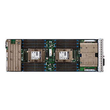 Draufsicht auf eine Server-Leiterplatte mit CPU-Kühlkörpern, RAM-Steckplätzen und anderen Komponenten. Die Platine ist für den Einbau in einen Serverschrank vorgesehen.