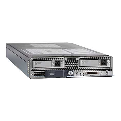 Ein grauer Server, Frontansicht, vor weißem Hintergrund. Zwei Einschübe, darunter ein Logo mit der Aufschrift „CISCO“. Beschriftung: UCS B200 M5, UCS-HD300G10K12G 12Gbps 10K SAS 300GB.