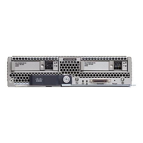 Ein Server mit der Aufschrift "UCS B200 M5" und dem Cisco-Logo, mit Anschlüssen und Anzeigen.