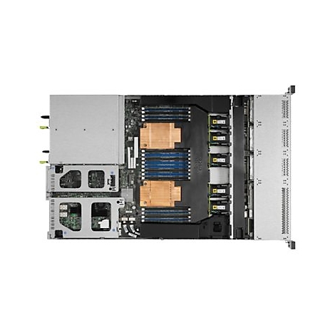 Draufsicht eines geöffneten Servers mit gut sichtbaren Prozessoren, Arbeitsspeicher-Riegeln und Lüftermodulen.