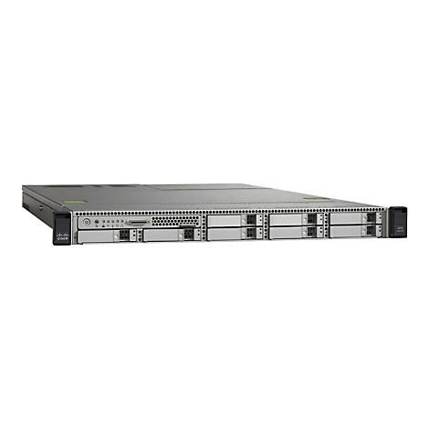 Silberfarbener Cisco UCS Rack-Server vor weißem Hintergrund.