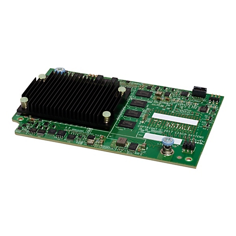 Grüne Platine mit Chips, Kühlkörper und Anschlüssen. Der Kühlkörper ist schwarz und gerippt. Auf der Platine steht "COPYRIGHT © 2017 CISCO SYSTEMS".