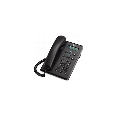 Schwarzes Cisco IP-Telefon mit Hörer, Display und Tastatur, auf dem 'CONFIRM RUN' steht.