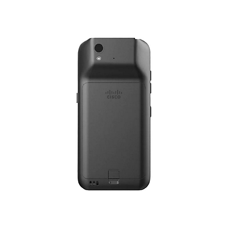 Dunkelgraues Cisco-Telefon auf weißem Hintergrund. Oben eine Kamera und ein Lautsprecher. Unten das Cisco-Logo.