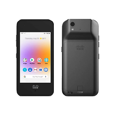 Schwarzes Smartphone, Vorder- und Rückseite. Auf dem Bildschirm: Apps, Datum, Uhrzeit. Rückseite: Kamera, Cisco Logo.