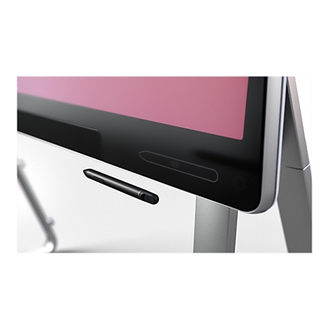 Ein grauer Computerbildschirm mit einem rosa Bildschirm und einem schwarzen Stift davor.