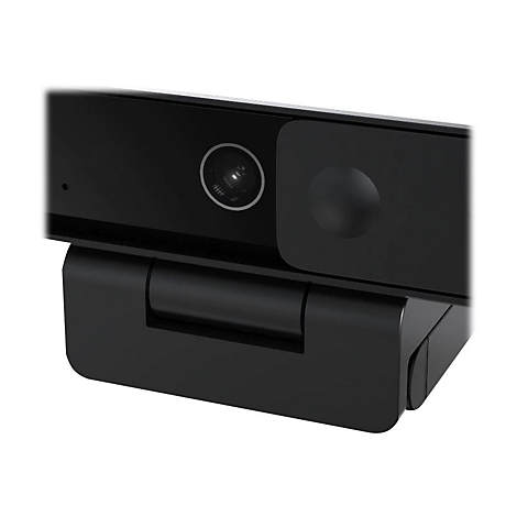 Nahaufnahme einer schwarzen Webcam mit Objektiv, Sensor und schwenkbarem Standfuß. Das Design ist modern und minimalistisch.