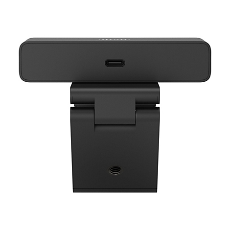 Eine schwarze Webcam mit verstellbarem Ständer. Oben ist ein USB-C-Anschluss.