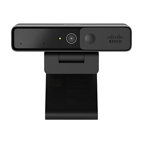 Schwarze Cisco Desk Kamera, auf einem schwarzen Ständer. Mit Linse, LED und Logo.