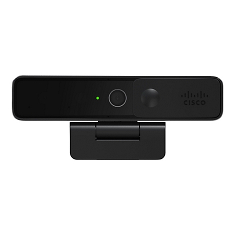 Schwarze Webcam mit grünem LED-Licht und Cisco-Logo. Sie ist auf einer verstellbaren Halterung befestigt.