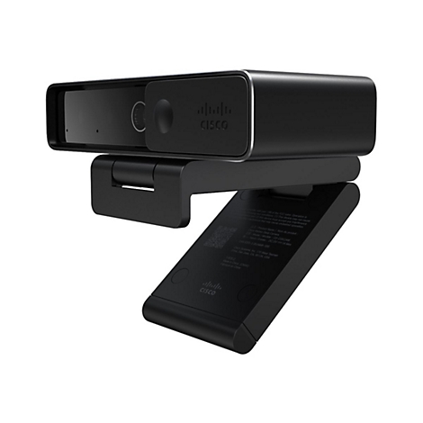 Schwarze Cisco Webcam, die auf einem Ständer befestigt ist. Detailansicht mit Logo und technischen Informationen.