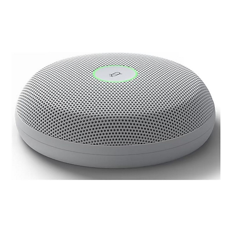 Runder, weißer Rauchmelder mit perforierter Oberfläche und grünem Leuchtring.