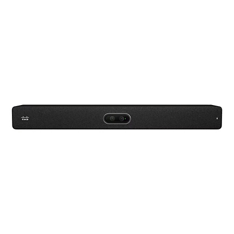 Schwarze Videokonferenz-Soundbar mit eingebauter Kamera und Cisco-Logo. Gerät mit abgerundeten Ecken, mittig Kamera.
