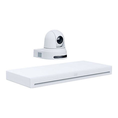 Ein weißes Videokonferenzsystem, bestehend aus einer Kamera und einer Empfangseinheit. Auf der Empfangseinheit ist das Cisco Logo zu sehen.