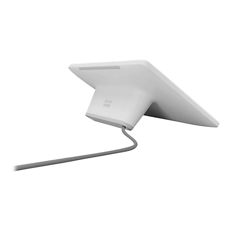 Weißes Tischtelefon, schräg von hinten gezeigt, mit grauem Kabel. Cisco Logo.
