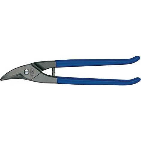 Cisaille à tôle avec poignée bleue, coupe ciseaux grise.