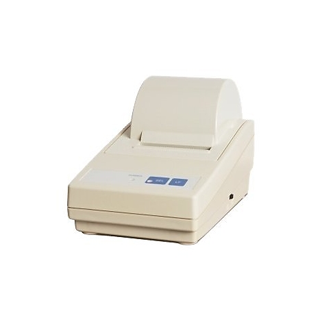 Beigefarbener Thermodrucker, Papierrolle oben, blaue Tasten unten.