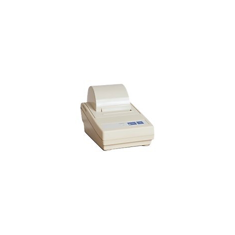 Beige Thermodrucker auf weißem Hintergrund. Papierrolle oben, blaue Knöpfe.