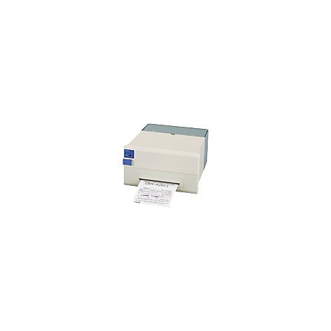 Kleiner weißer Drucker mit blau-grauer Oberseite, ein Blatt Papier kommt heraus.