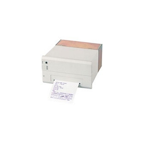 Beiger Thermodrucker mit einem ausgegebenen Kassenbon auf weißem Hintergrund.