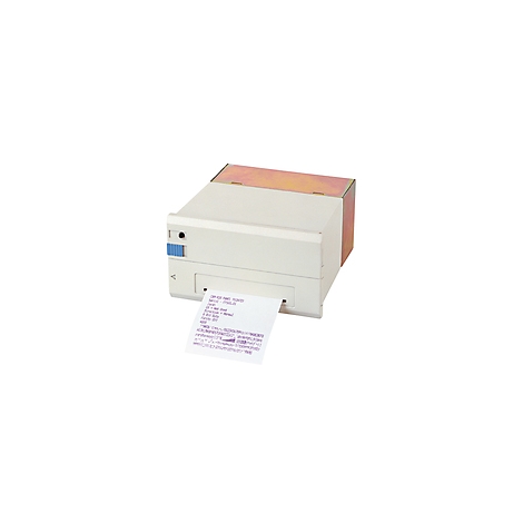 Ein grauer Drucker mit Papierausdruck. Auf dem Papier sind violette Zeichen zu sehen.