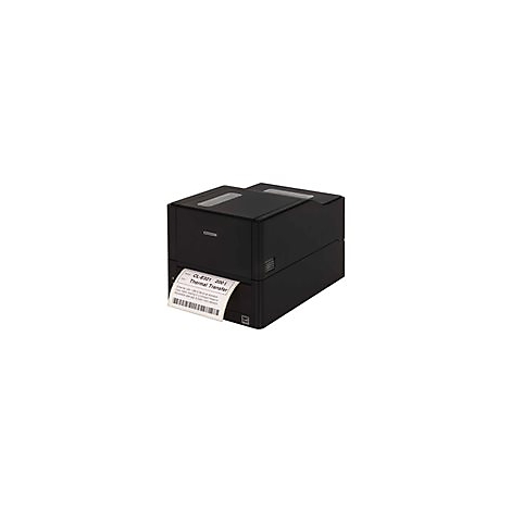 Schwarzer Etikettendrucker, der ein Etikett druckt. Das Etikett zeigt einen Barcode und Text. Auf dem Drucker steht: CL-E321 200 I Thermal Transfer.