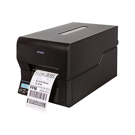 Schwarzer Etikettendrucker mit Citizen-Logo und ausgedrucktem Etikett mit Barcode.
