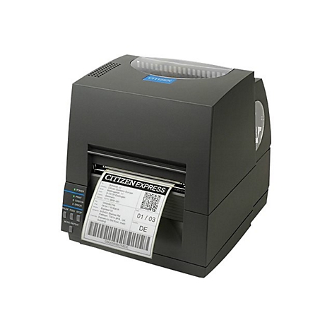 Schwarzer Etikettendrucker mit einem Etikett mit Barcode und Text. Auf dem Etikett steht CITIZEN EXPRESS.