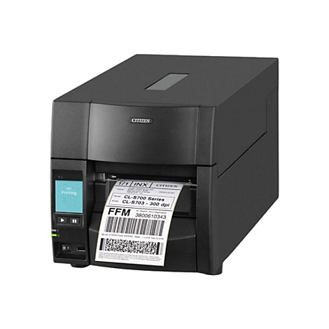 Schwarzer Etikettendrucker der Marke Citizen. Auf dem Label ist Text und ein Barcode zu sehen, sowie ein grünes Display.