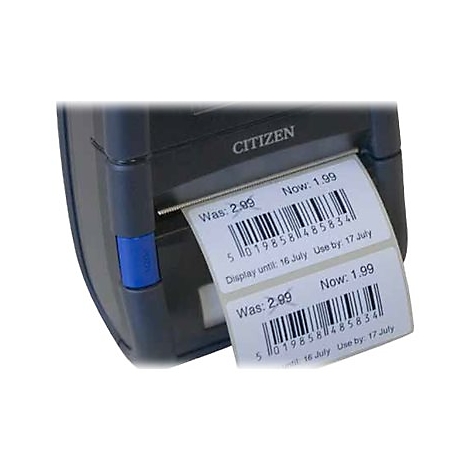 Etikettendrucker mit Preisetiketten, 'War 2,99 - Jetzt 1,99' und Barcode-Details.