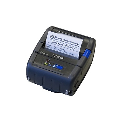 Schwarzer mobiler Drucker mit einem Beleg, der aus dem Drucker kommt. Auf dem Beleg steht "Confirmation of Delivery".