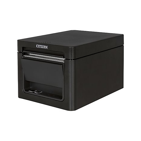 Schwarzer Citizen-Thermodrucker. Text "CITIZEN" oben links. Papierausgabe vorne.