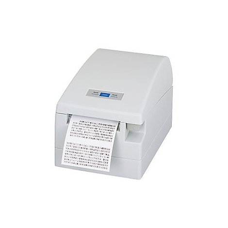 Ein weißer Drucker druckt Text auf Papier.