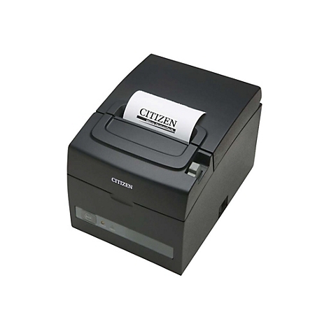 Schwarzer CITIZEN-Thermodrucker. Papier kommt aus dem Drucker. CITIZEN Logo.