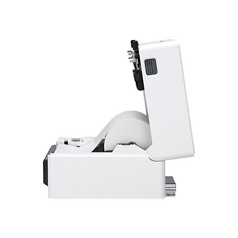 Nahaufnahme eines weißen Thermodruckers mit geöffnetem Deckel. Eine Papierrolle ist sichtbar, bereit zum Drucken.