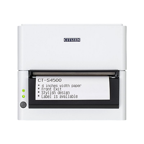 Weißer Drucker mit Papierausdruck. Auf dem Papier stehen Produktmerkmale. Oben links das CITIZEN Logo.